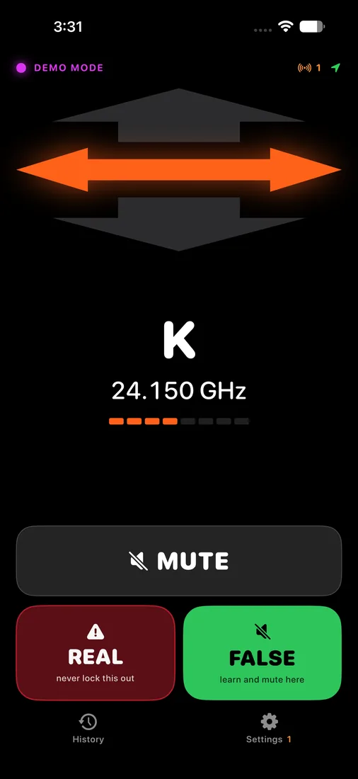 V1 Bogey showing a K band side alert with Mute, Real, and False controls