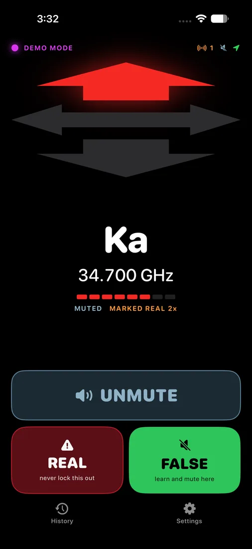 A Ka band front alert showing MUTED and MARKED REAL 2x